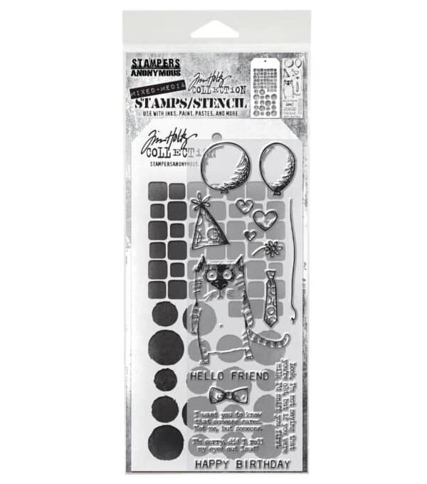 Tim Holtz Mixed Media Stamps and Stencil Set - Mixed Media #9 Snarky Cat
